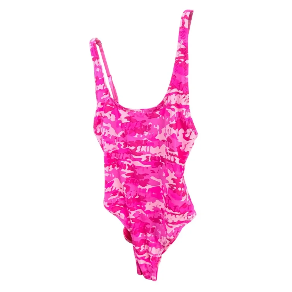 Skims Signature Swim Scoop Neck One Piece Womens S Pink Camo Monogram Swimsuit